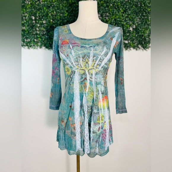 dressbarn Tops - Dressbarn Y2K Lace Tunic Top Small Green Floral Sheer Sleeves Fairy Grunge